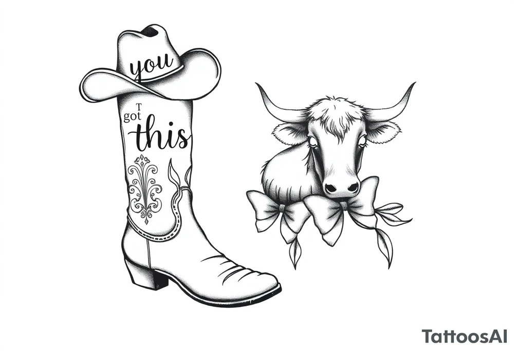 A cowboy boot with a cowboy hat on top the words you got this stitched into the hat and stitched into the boot an orange, a highland cow and a bow tattoo idea