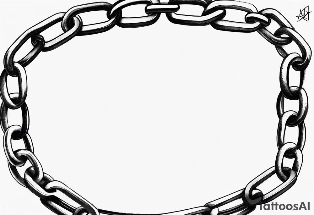 Create a tattoo sketch in a realistic style, depicting a straight chain lying horizontally on a white background. The chain links should be identical in size, evenly spaced, and perfectly aligned from a top-down view. Focus on capturing the metallic texture, reflections, shadows, and signs of wear on each link for a lifelike effect. tattoo idea