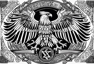 Polish eagle surrounded by viking runes sitting on the tree of life, scattered random geometric shapes and ancient artifacts, include Bruce Springsteens simply the best song tattoo idea