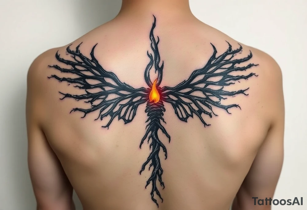 1. “Burnt Offerings”
Theme: Healing through destruction.
Visual: Charred tree roots climbing up your spine, turning into flames halfway, then slowly transforming into skeletal wings—unfinished, like you stopped mid-rebirth. The middle of the spine glows dimly, like coals never fully put out.
Vibe: You survived, but not clean. You carry the burn.
Make it feminine tattoo idea