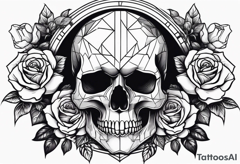 A sad skull in the middle surrounded by rose flowers dark theme tattoo idea