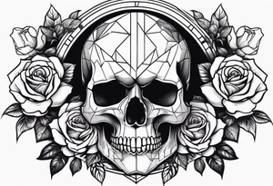 A sad skull in the middle surrounded by rose flowers dark theme tattoo idea