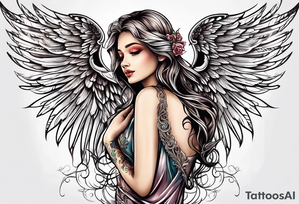 beautiful angel wings. with flilgree in the background tattoo idea
