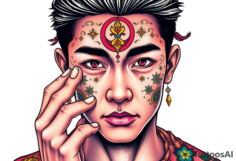 Handsome Asian young guy is putting ritual symbols on his face tattoo idea