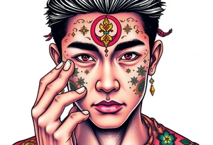 Handsome Asian young guy is putting ritual symbols on his face tattoo idea