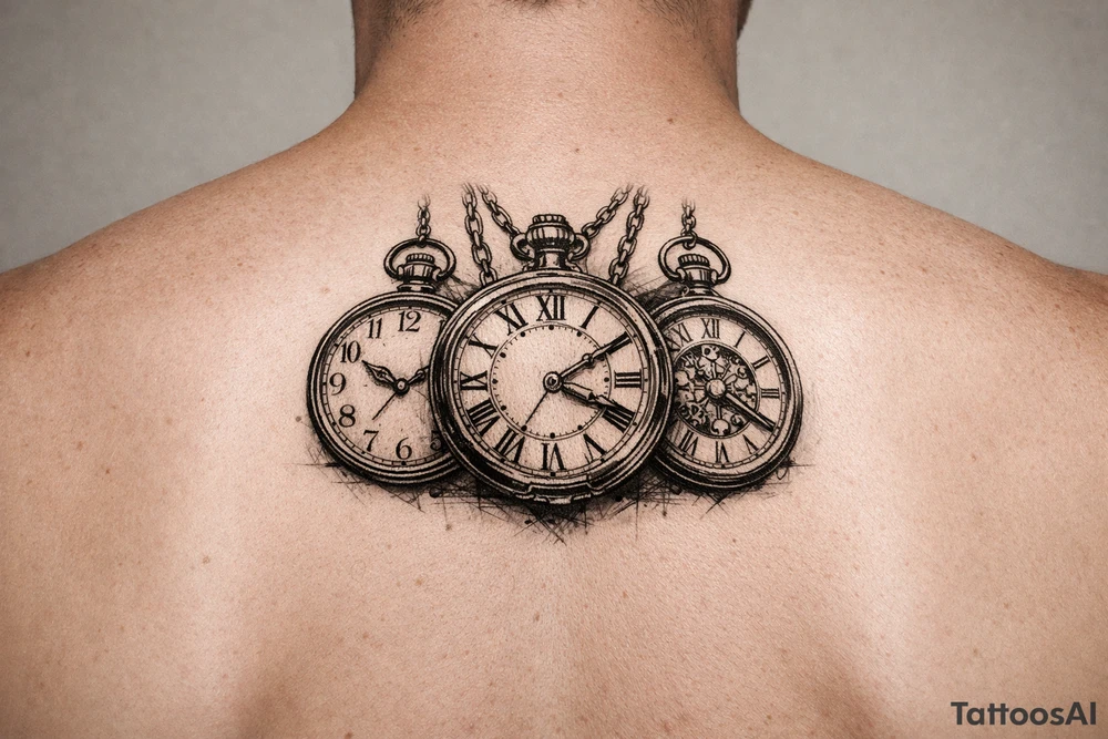 Cluster of three open pocket watches, suspended on chains. on upper arm tattoo idea