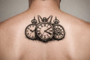 Cluster of three open pocket watches, suspended on chains.  on upper arm tattoo idea