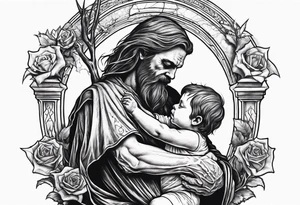 Satan holds a dead child in his arms, against the background of a grave with a pentagram tattoo idea