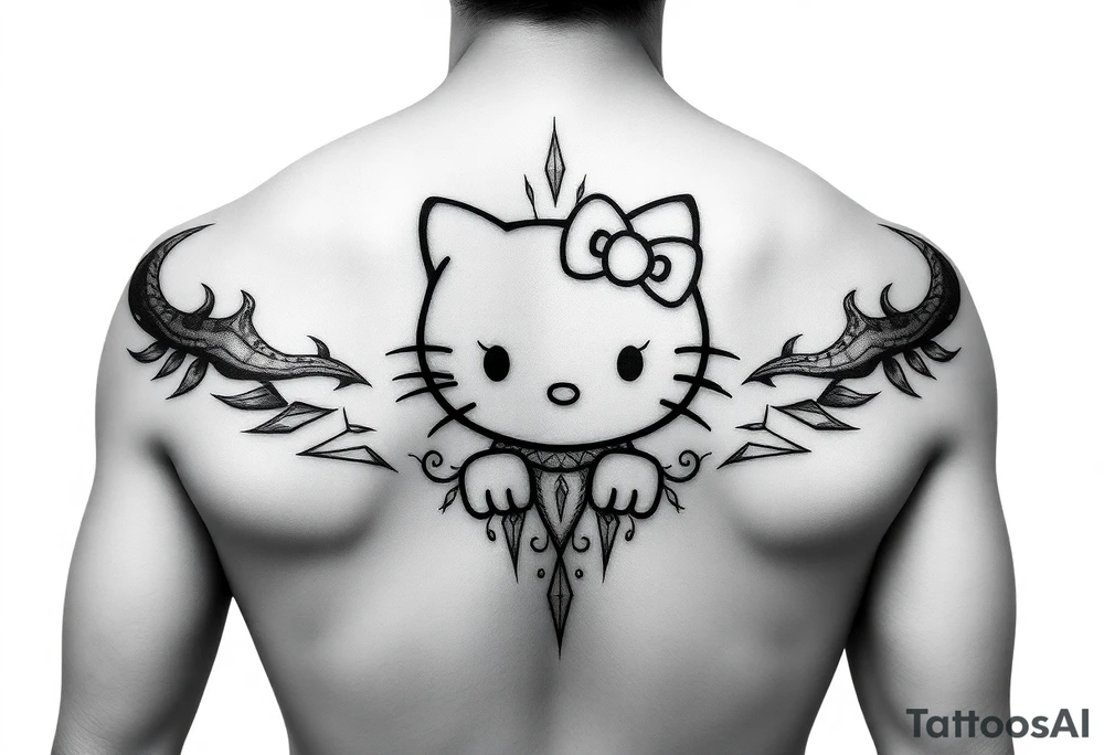 white background, cyber sigilism art / neo primal inspired hello kitty tattoo idea