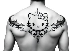 white background, cyber sigilism art / neo primal inspired hello kitty tattoo idea