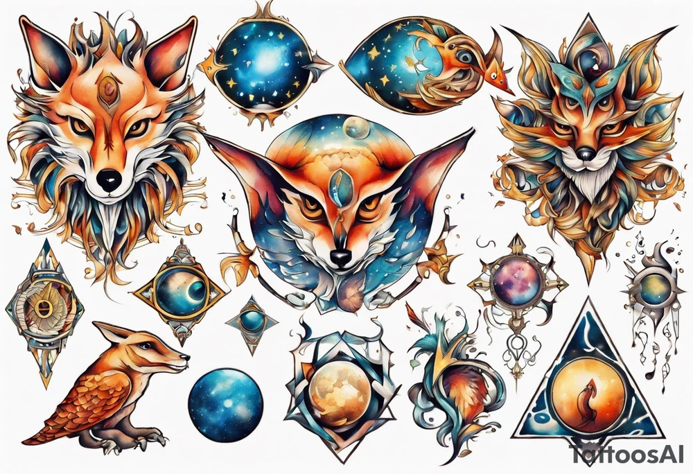 fisch, fuchs und eule , symetrie universum, bunt tattoo idea