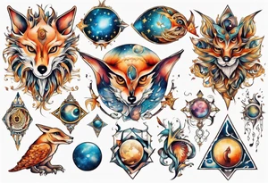 fisch, fuchs und eule , symetrie universum, bunt tattoo idea