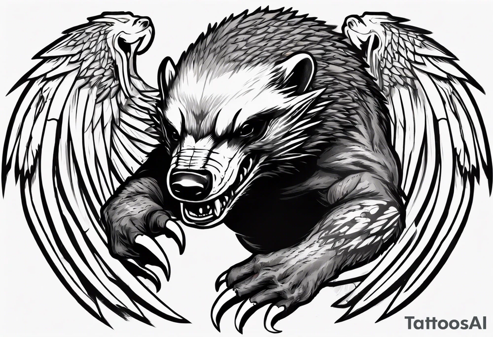 Angry, snarling, detailed forward-facing honey badger against the background of large wings made of bones tattoo idea