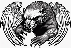 Angry, snarling, detailed forward-facing honey badger against the background of large wings made of bones tattoo idea