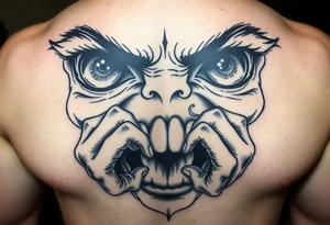 powerful faces with huge eyes and mouth with hands fighting to get out of the mouth tattoo idea