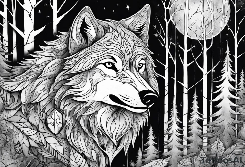 main character ist an impressive wolf, a crow talks to the wolf, background a gloomy forest tattoo idea