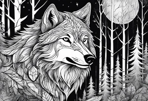 main character ist an impressive wolf, a crow talks to the wolf, background a gloomy forest tattoo idea