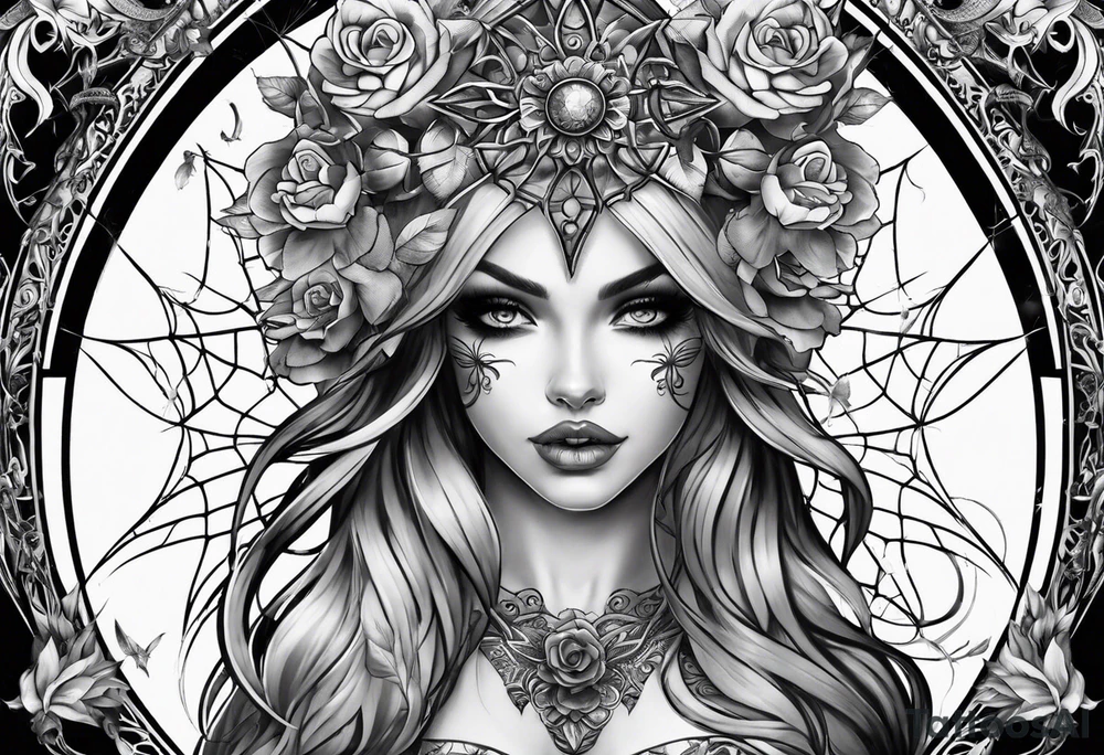 Full sleeve with fairy’s and skulls and spiderwebs tattoo idea