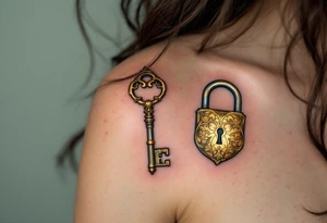 A vintage key in bronze for him and an ornate gold-accented lock for her placed on the shoulder blades express unity and trust. tattoo idea