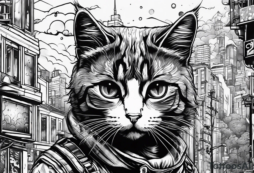 post apocaliptic city, with cat, rain tattoo idea
