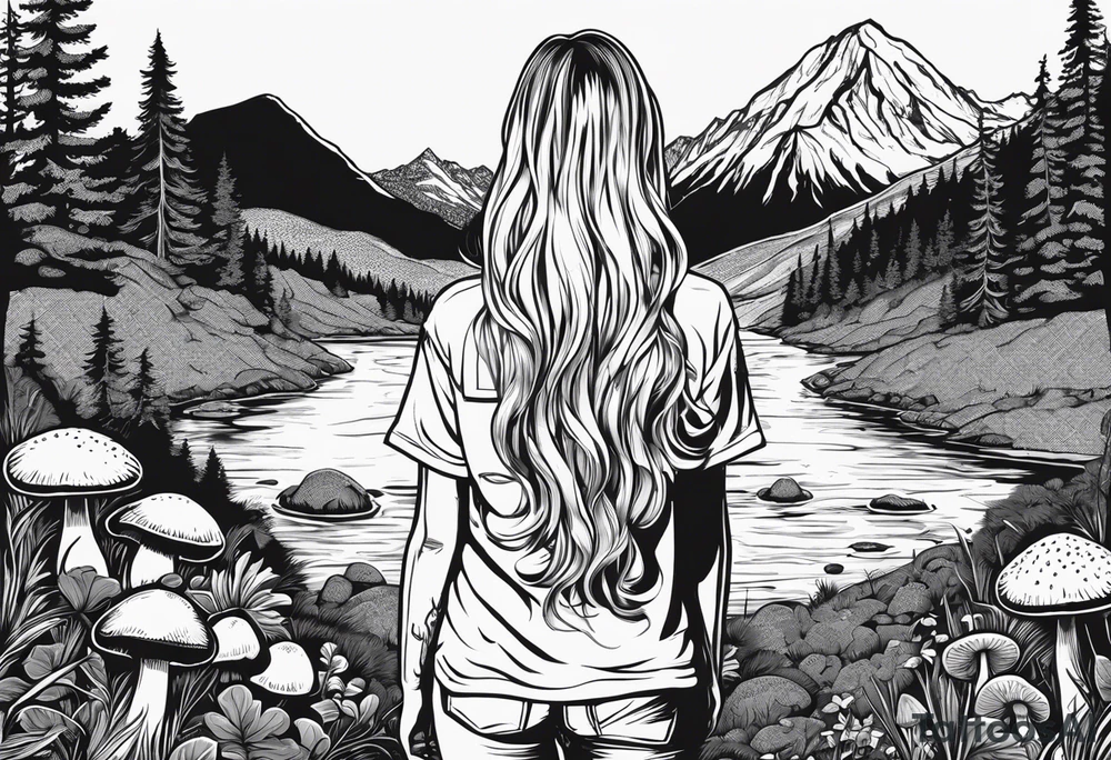Whole picture encircled fully

Straight long blonde hair hippie girl in distance holding mushrooms in hand facing away toward mountains and creek surrounded by mushrooms tee shirt and hiking pants; whole rendering within a full circle, no cut off circle tattoo idea