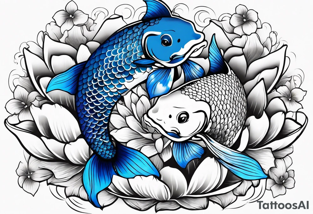 Two Blue and white  Koi swimming between and lotus flowers tattoo idea