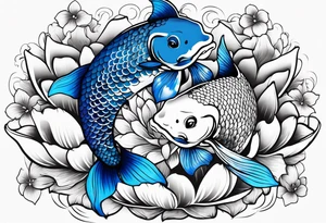 Two Blue and white  Koi swimming between and lotus flowers tattoo idea