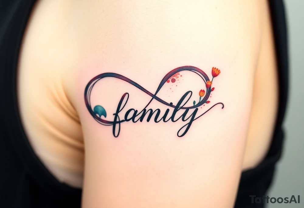 A flowing infinity symbol intertwined with the word "family" written in elegant cursive, symbolizing endless love and connection tattoo idea