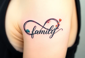 A flowing infinity symbol intertwined with the word "family" written in elegant cursive, symbolizing endless love and connection tattoo idea