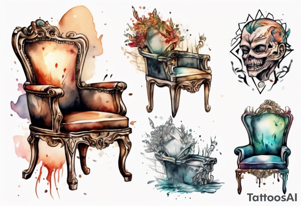 a chair with a face emerging from the back tattoo idea
