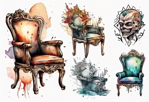 a chair with a face emerging from the back tattoo idea