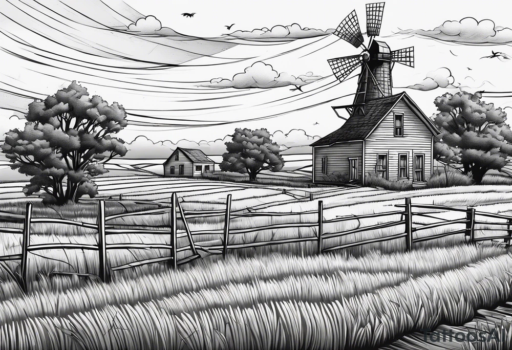 An old oklahoma farmhouse being swept away in a tornado.  In the landscape there is an old windmill in the distance and a Scissortail flycatcher perched on a fence. tattoo idea