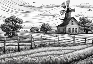 An old oklahoma farmhouse being swept away in a tornado.  In the landscape there is an old windmill in the distance and a Scissortail flycatcher perched on a fence. tattoo idea