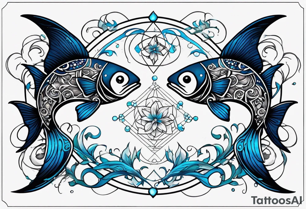 A 1/2 sleeve with 2 pisces fish one black one blue incorporate sigils and cosmos in background tattoo idea