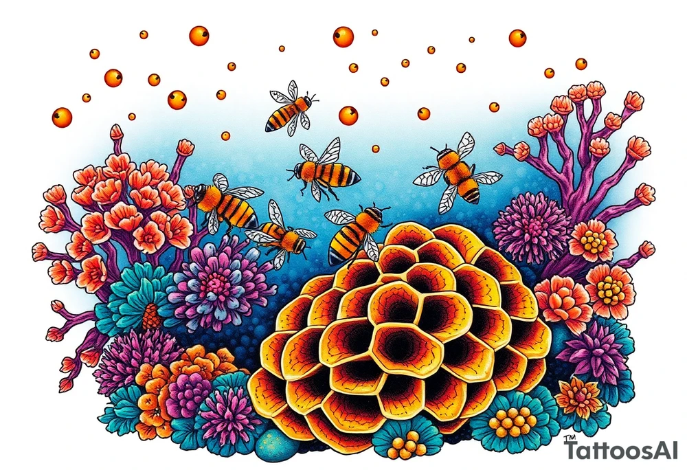Coral reef scene with honey bees swimming on honey comb tattoo idea