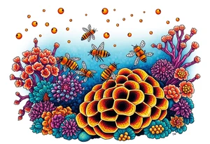 Coral reef scene with honey bees swimming on honey comb tattoo idea