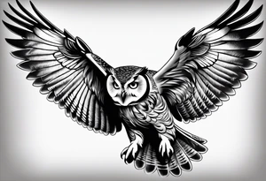 Owl in flight for left of chest, from an angle looking down tattoo idea