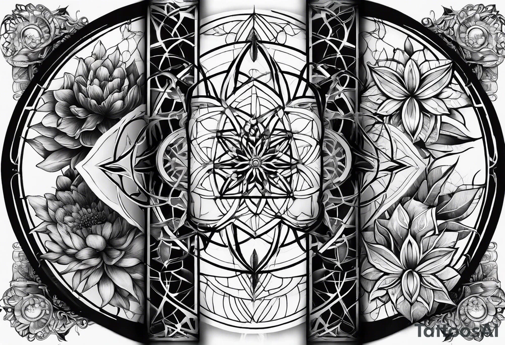 sleeve tattoo for women with symbols of sacred geometry: metatron's cube, flower of life, kabbalah tree of life tattoo idea