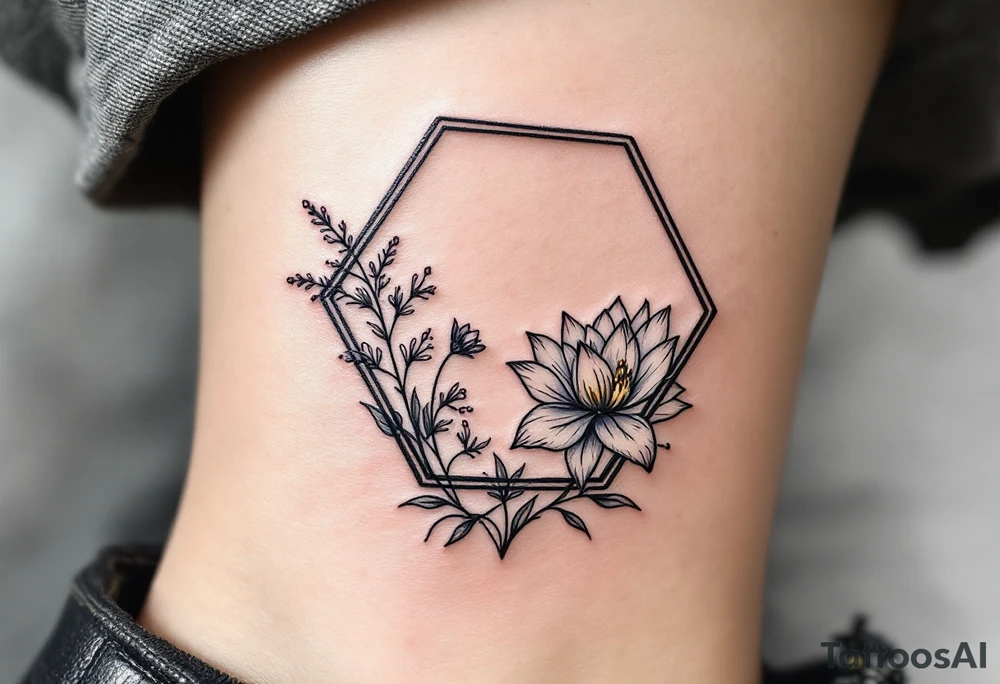 Leo symbol, larkspur and water lily surrounded by a hexagon tattoo idea