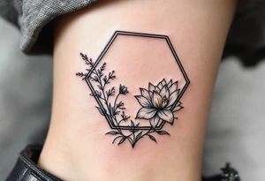Leo symbol, larkspur and water lily surrounded by a hexagon tattoo idea