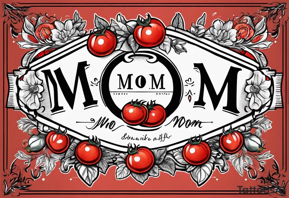 Red tomato with a mom banner around it tattoo idea
