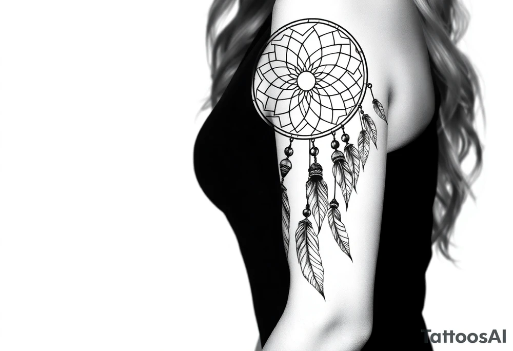 native dreamcatcher with flowing feathers and sacred beads tattoo idea