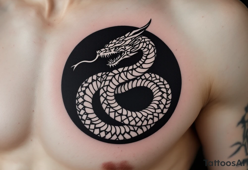 A white ouroboros (snake eating its tail) on a black circular background, symbolizing eternal safety. tattoo idea