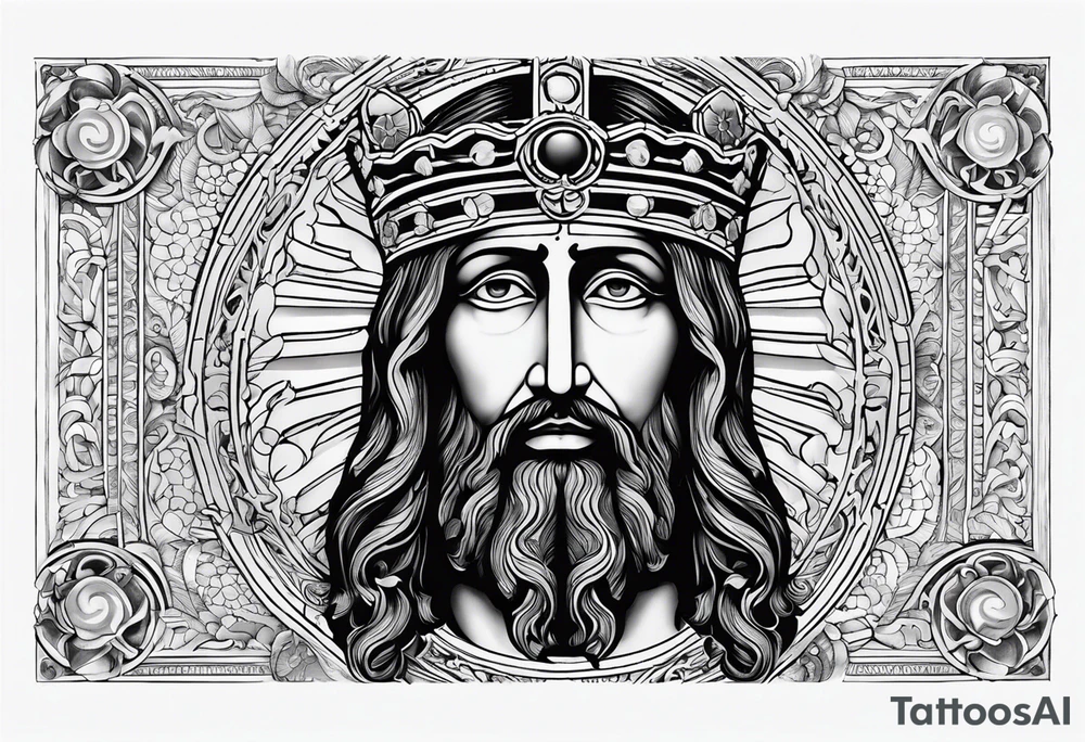 haloed head of a flat stern Byzantine Christ with all-demanding eyes. tattoo idea