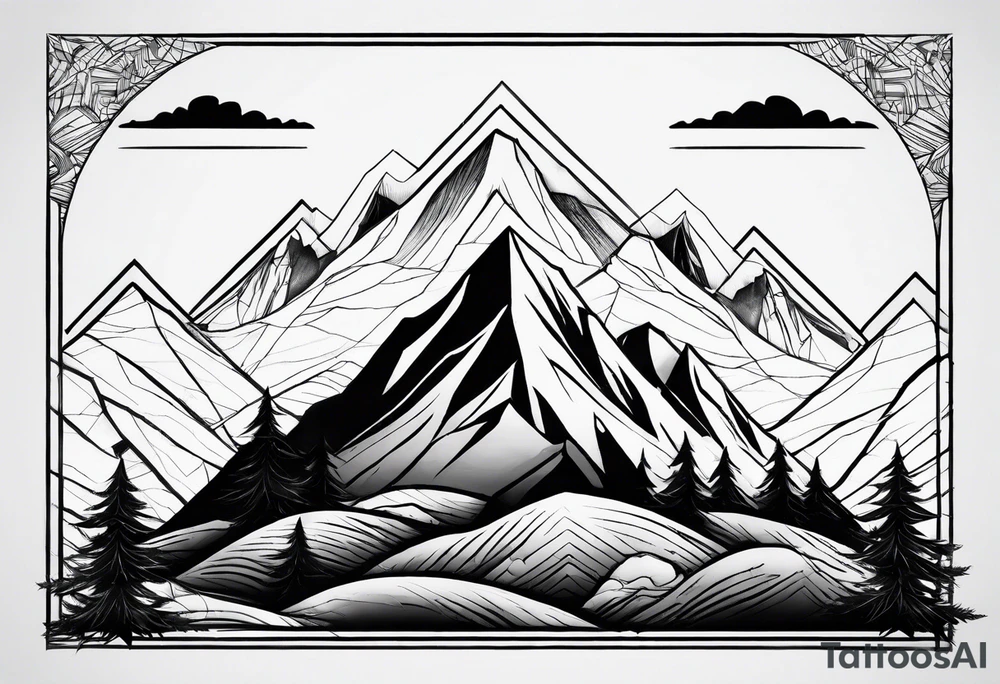 Black line tattoo with three different sizes triangles forming a mountain range with three trees tattoo idea