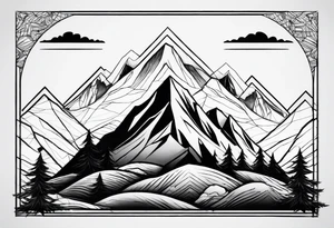 Black line tattoo with three different sizes triangles forming a mountain range with three trees tattoo idea