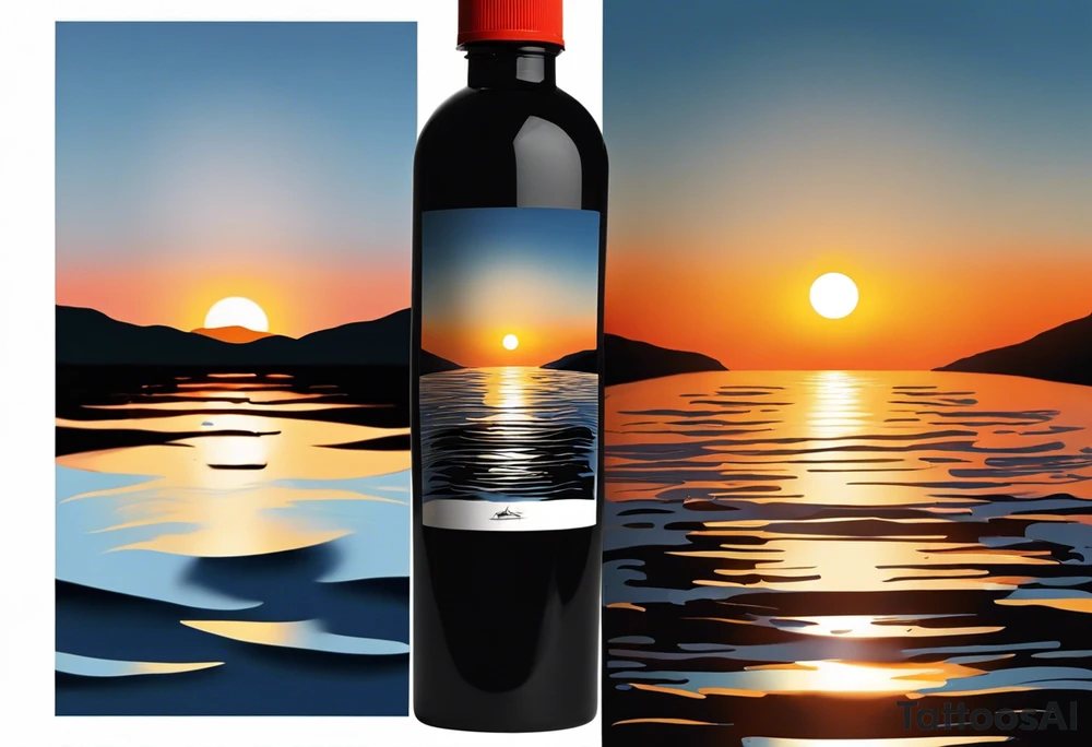 Sunset from the perspective of being on a boat on the ocean. The waves are very calm and there is no land in site. There are slight reflections of the sun on the water. The tattoo will be in landscape orientation on the forearm, rought 3 inches wide and 2 inches tall. The style is incredibly minimal and simple. Mostly black with small splashes of color from the sun. tattoo idea