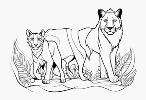 uma leoa, um leao e seus dois filhotes dentro de um retangulo tattoo idea