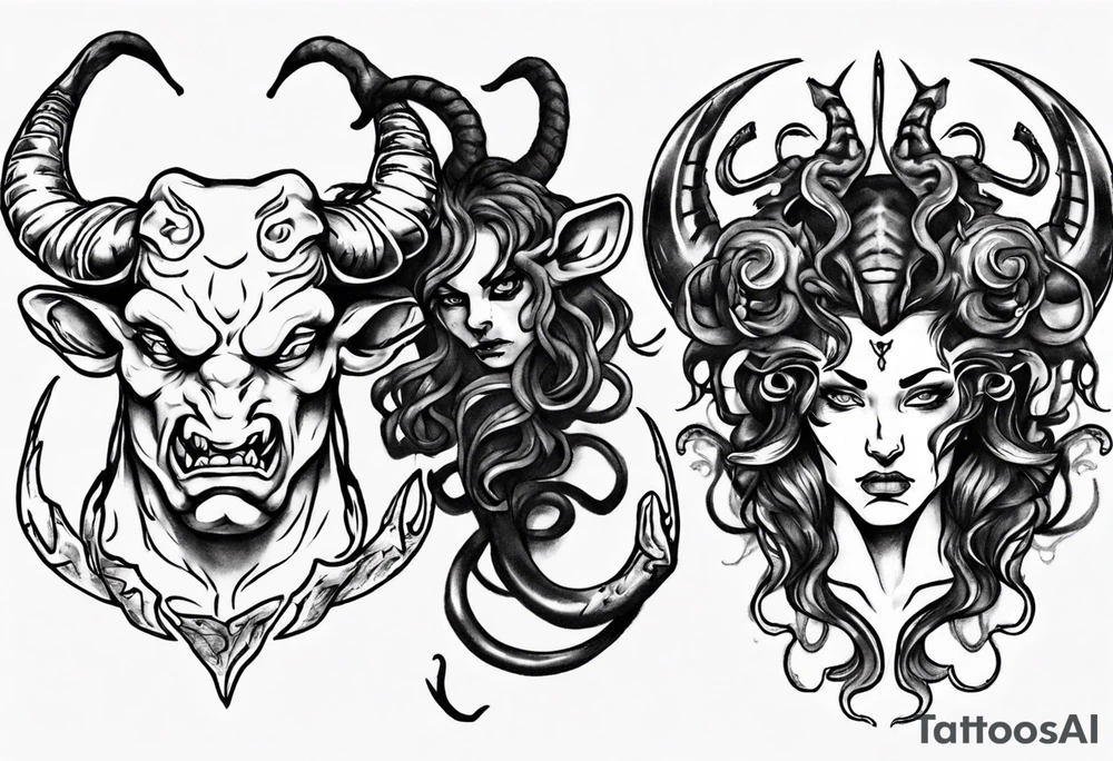 minotaur evil and medusa side by side tattoo idea