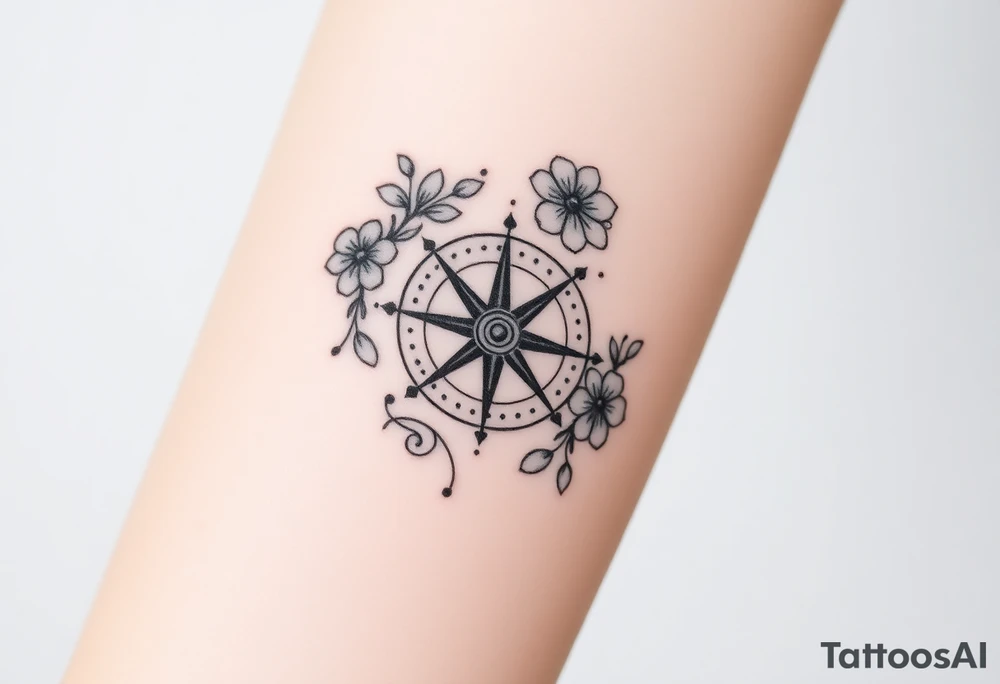 Compass with cursive letters with dot work flowers flowing above and below the compass tattoo idea